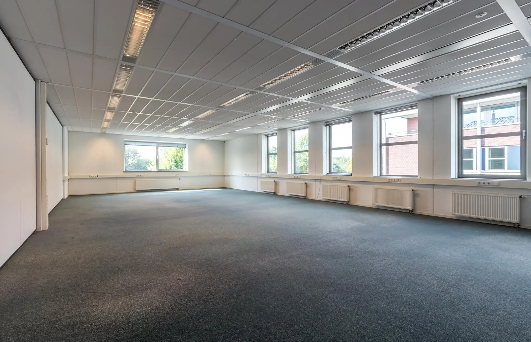 Lichte, lege kantoorruimte met grote ramen, systeemplafond en blauwgrijze vloerbedekking.